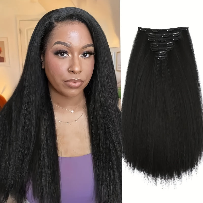 Kinky Straight Clip In Wig Extensions Full Head Yaki Straight Clips In For Women Synthetic Wig 7Pcs Wig Accessories